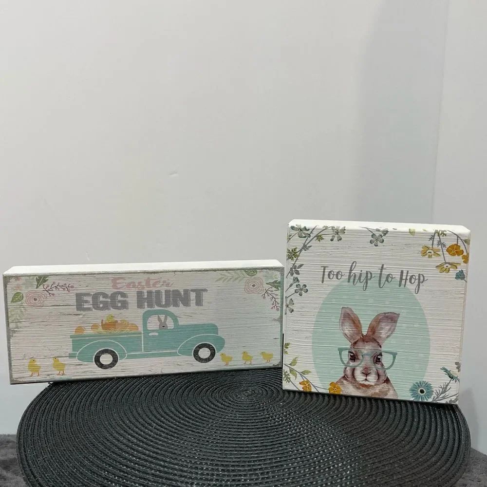 Easter Egg Hunt and Too Hip to Hop Wooden Signs Set of 2 NWT